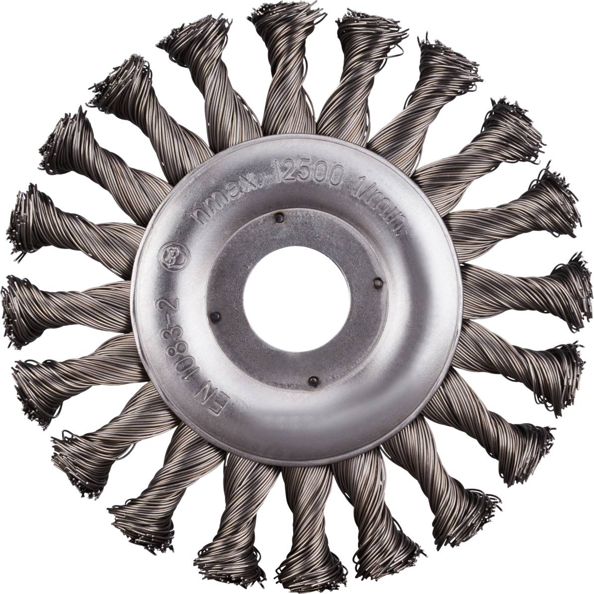 Un brosse métallique avec des poils en fil torsadés et une partie centrale ronde sur laquelle est inscrit « Max 12500 tr/min » et « EN1083-2 ».