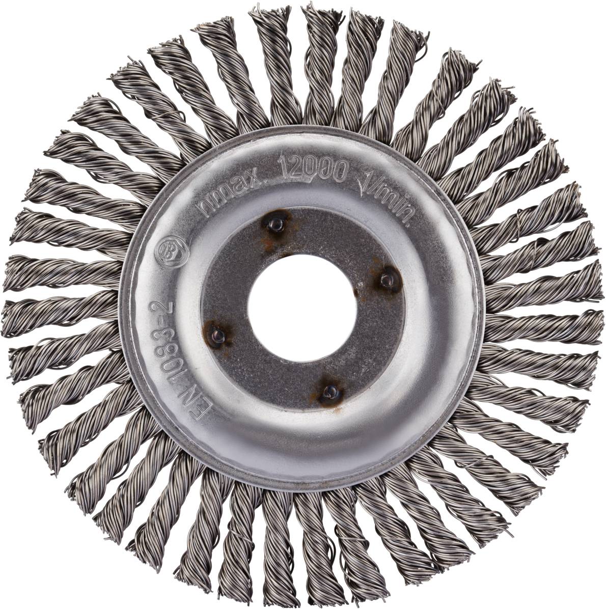 Brosse métallique circulaire avec poils torsadés, adaptée à l'utilisation avec des meuleuses d'angle, max. 12 000 tr/min.