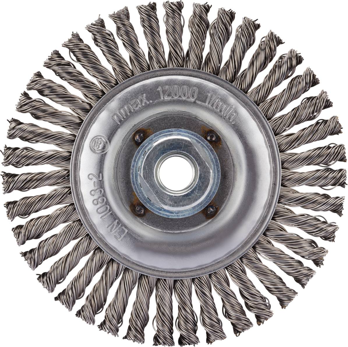 Brosse métallique à poils denses et spiralés, adaptée au nettoyage ou au traitement de surface dans des applications artisanales.