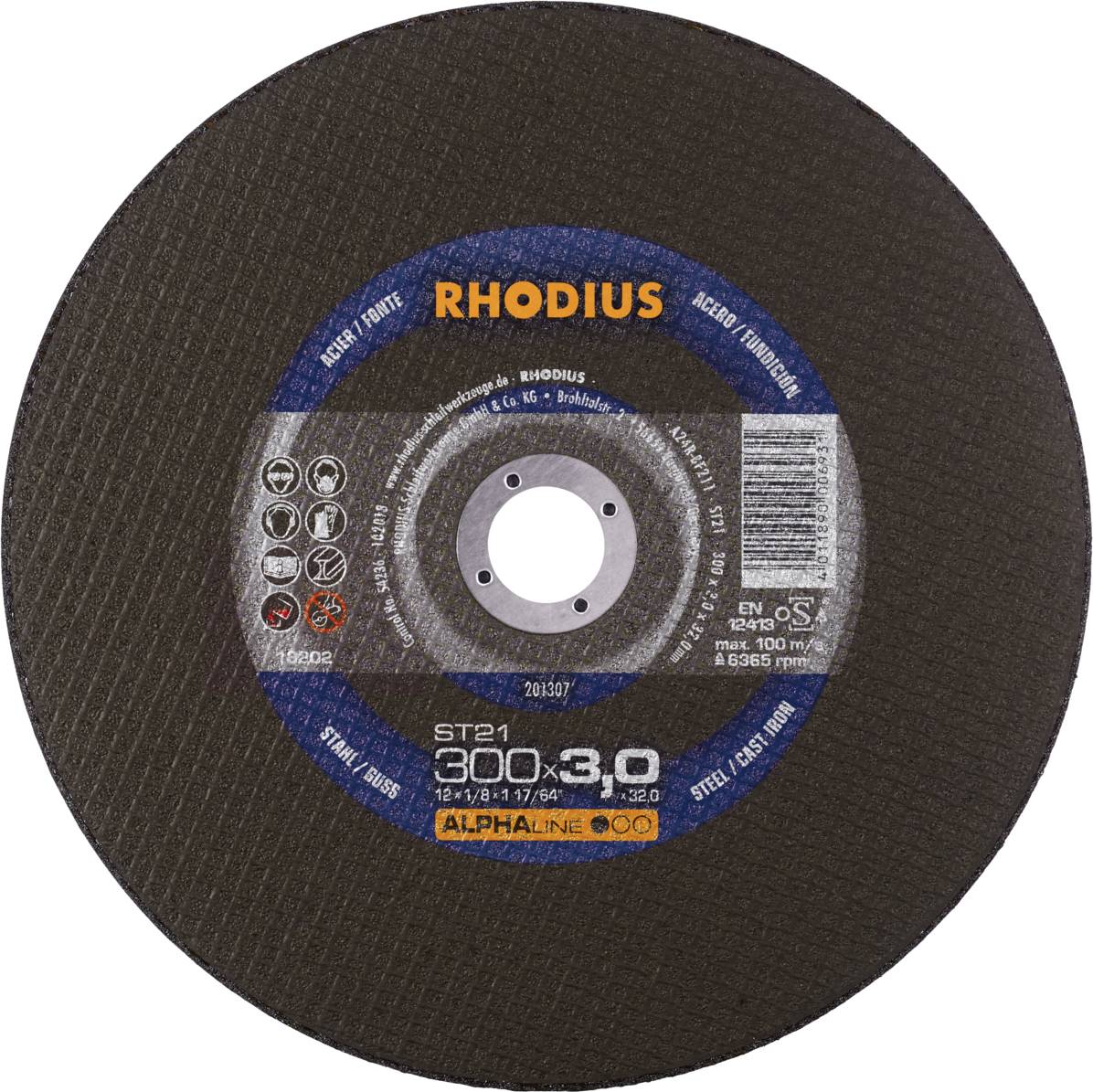Disque de coupe noir portant l'inscription 'RHODIUS'. Diamètre : 300 mm, épaisseur : 3,0 mm. Adapté pour l'usinage des métaux.