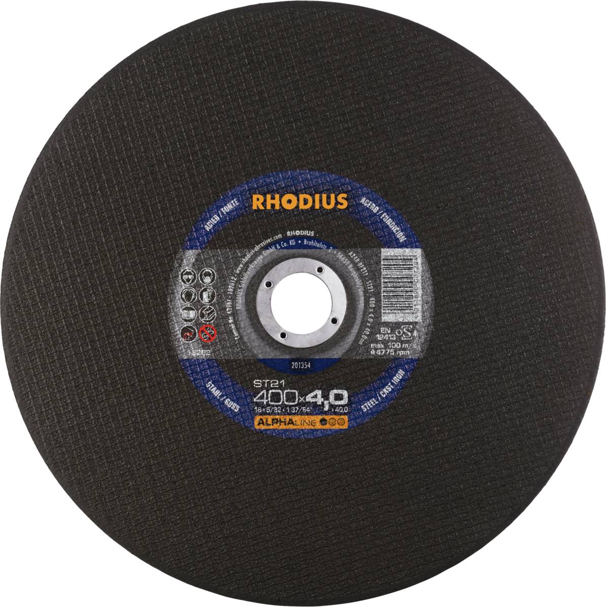 Disque de coupe noir avec l'étiquette de marque 'RHODIUS'. Inscription : 'ST41' et '400x4.0'. Code QR et symboles sur fond bleu.