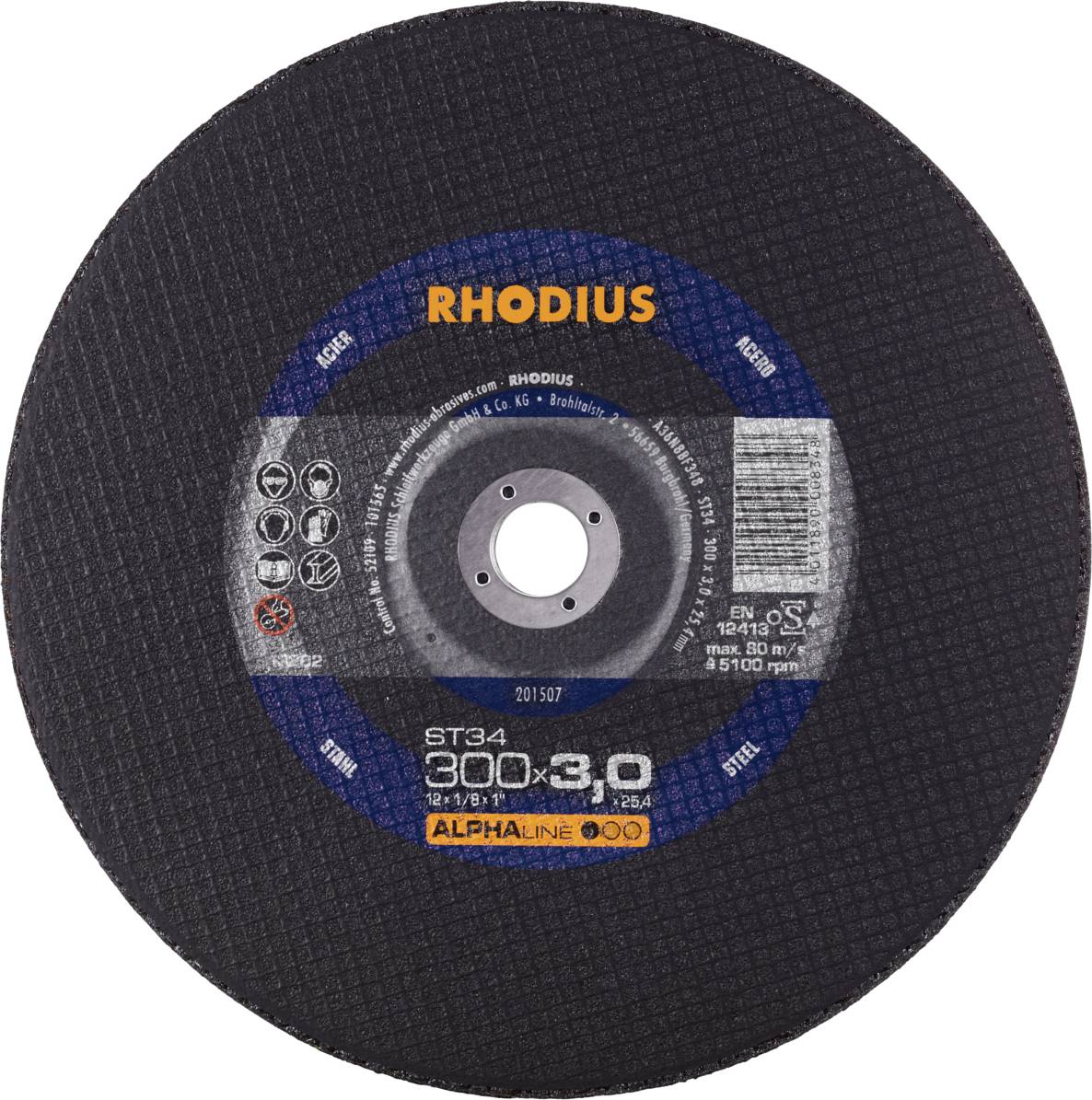 Disque à meuler portant l'inscription 'RHODIUS', dimensions '300x3,0', avec divers symboles de sécurité et de normes sur une surface sombre.