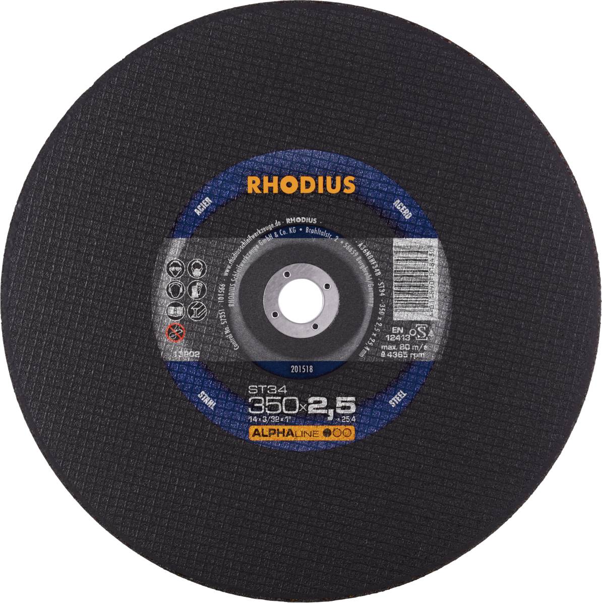 Disque à tronçonner RHODIUS ST34 350x2,5x25,4 mm : Disque de coupe noir avec écriture orange/bleue, informations produit sur l'étiquette.