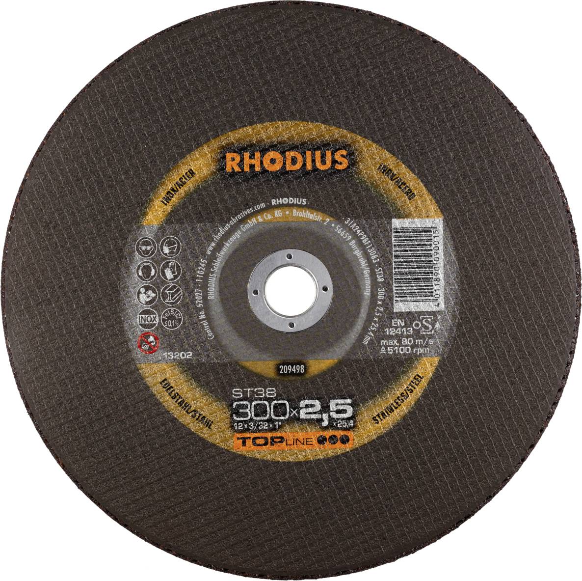 Disque à tronçonner 'RHODIUS' de dimensions 300x2,5 mm, avec une vitesse de rotation maximale de 5100 tr/min, adapté pour l'usinage des métaux.