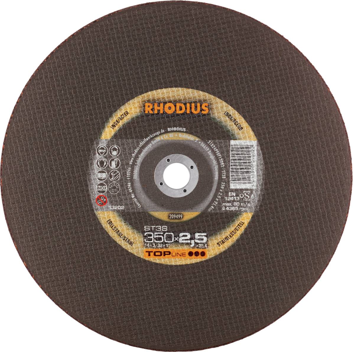 Un disque à tronçonner de Rhodius portant l'inscription '350 x 2.5'. Il est utilisé pour couper des matériaux, comme indiqué sur sa surface.