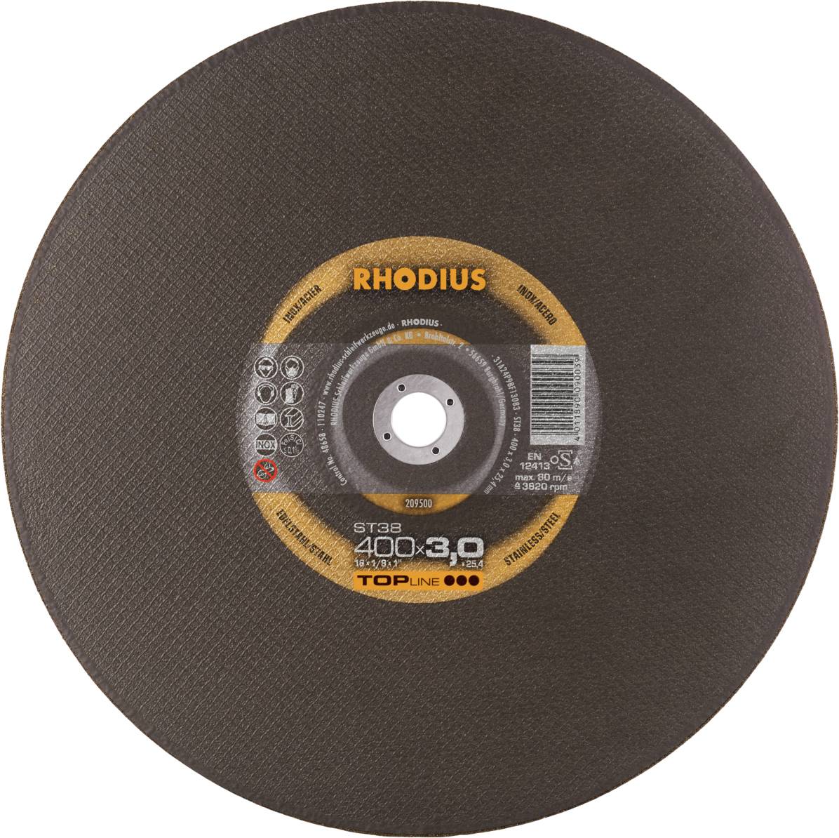 L'illustration présente un disque à tronçonner RHODIUS rond à surface brune et étiquette centrale. Modèle ST32, dimensions 400 x 3,0 mm.