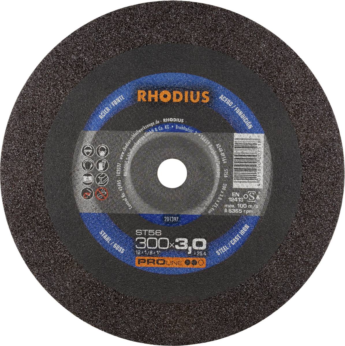 Disque abrasif 'RHODIUS' avec inscriptions et spécifications au centre. Surface grise avec étiquette bleue et orange.