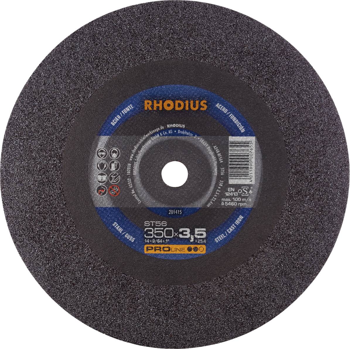 Un disque de meulage rond de la marque RHODIUS, modèle ST56 avec une épaisseur de 3,5 mm et un diamètre de 350 mm, adapté pour l'acier et la fonte.