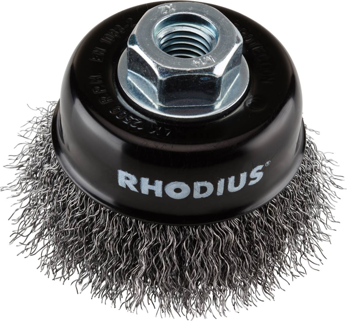 Brosse métallique à tête sphérique portant l'inscription 'RHODIUS', adaptée pour éliminer la rouille et la peinture sur les surfaces métalliques.