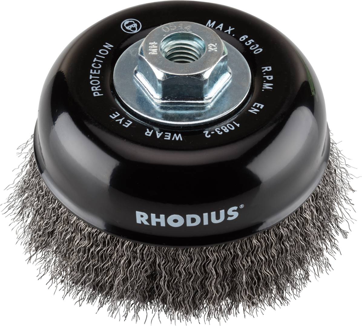 Adaptateur brosse métallique pour meuleuse d'angle, rond, noir, avec fils d'acier denses. Texte : 'RHODIUS', max. 6500 tr/min, protection oculaire recommandée.