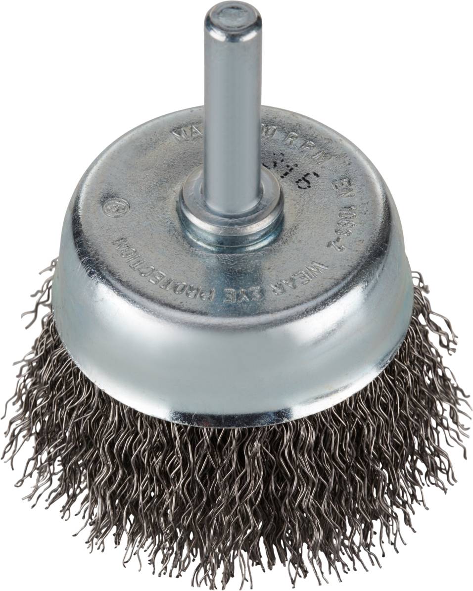 Embout brosse métallique à dense garnissage de fils, adapté aux perceuses pour le nettoyage ou l'ébavurage de surfaces métalliques.