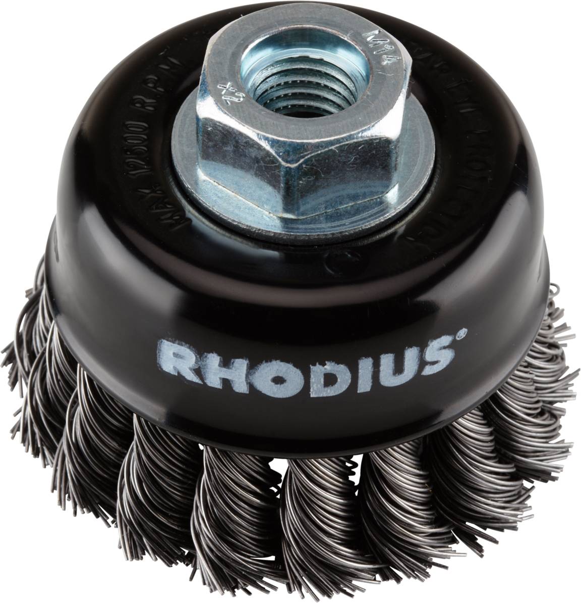 Embout en acier avec boîtier noir et poils métalliques torsadés, portant l'inscription 'RHODIUS', adapté pour perceuses.