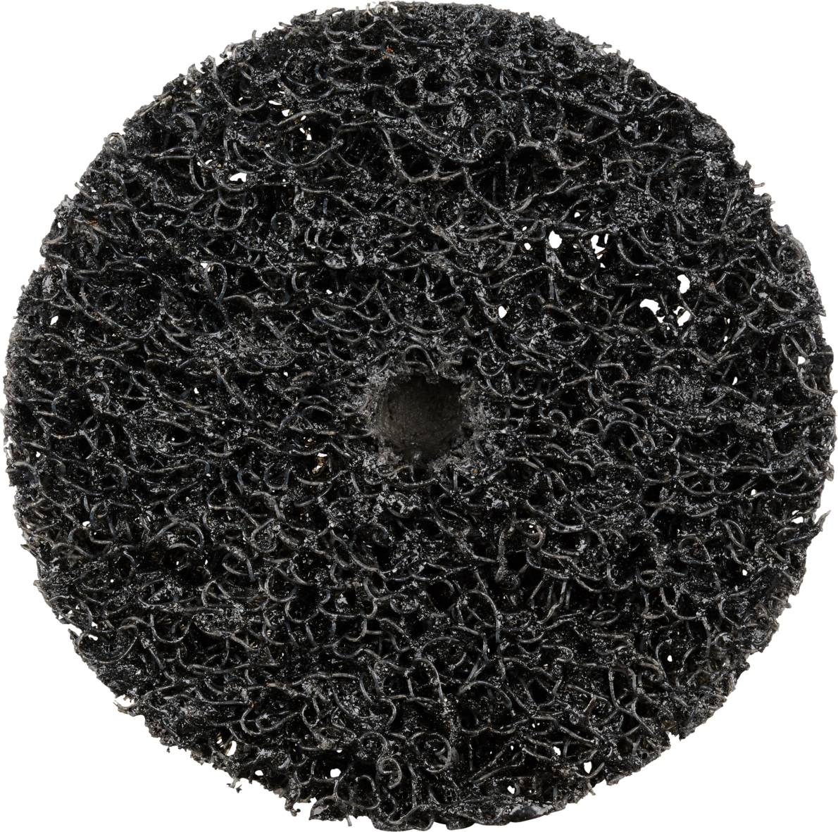 Un disque noir rond de nettoyage ou de ponçage avec un trou au centre, composé d'un matériau semblable à du fil, de type maillé.
