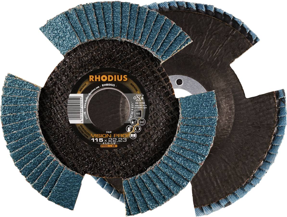 Deux disques à lamelles se chevauchant. L'un porte l'inscription 'RHODIUS VISION PRO 115 x 22,23'. Lamelles abrasives bleu-gris.