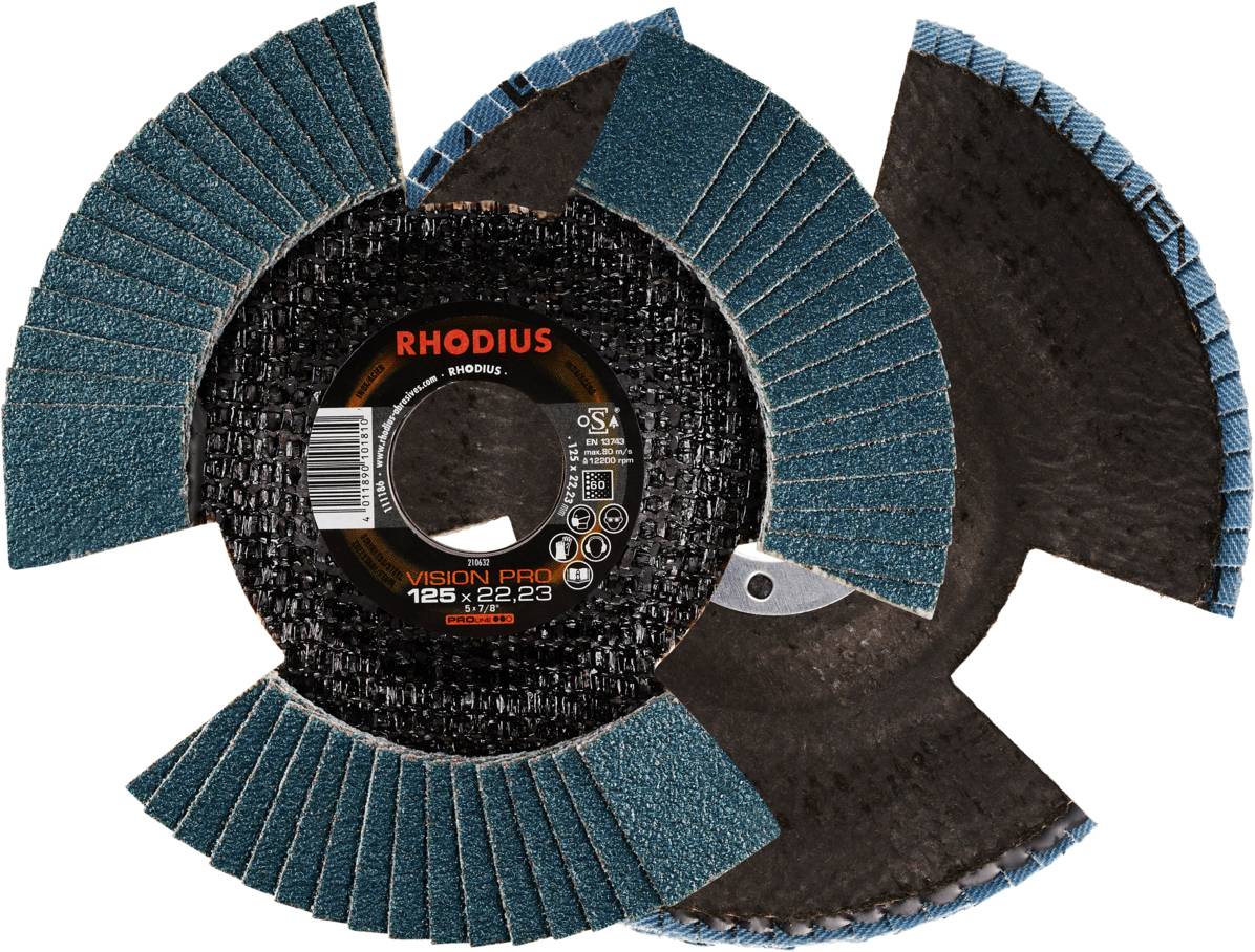 Deux meules abrasives à surface bleue et noyau noir. Celle de devant porte l'étiquette 'RHODIUS VISION PRO 125 x 22,23'.