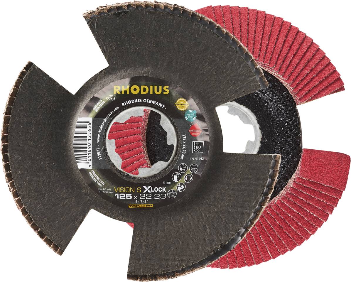 Disque abrasif 'RHODIUS' avec système X-LOCK, diamètre de 125 mm, avec étiquette indiquant la protection contre l'usure et les instructions d'utilisation.