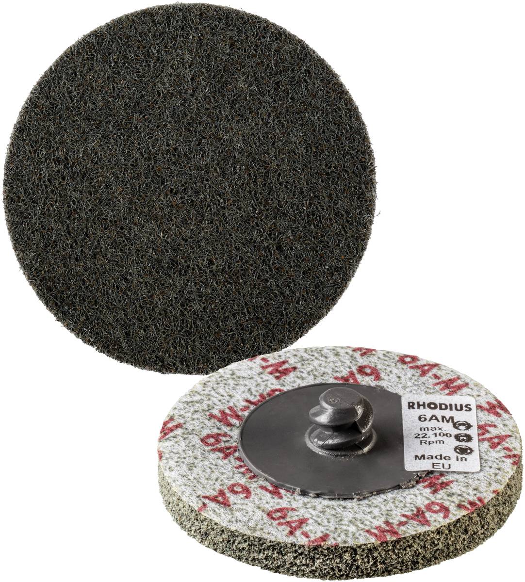 Deux meules abrasives : une vue de face avec une texture grossière et une vue arrière avec un mécanisme de fixation et une étiquette 'RHODIUS MADE IN EU'.