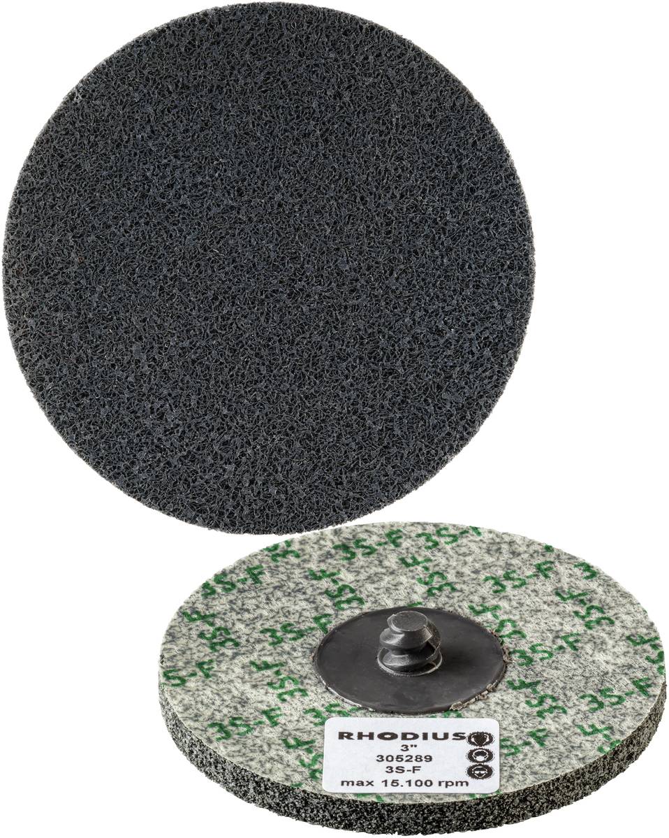 Disque abrasif en matériau noir et gris ; le verso présente le logo 'RHODIUS' et les détails techniques. Adapté pour une vitesse maximale de 16 100 tr/min.