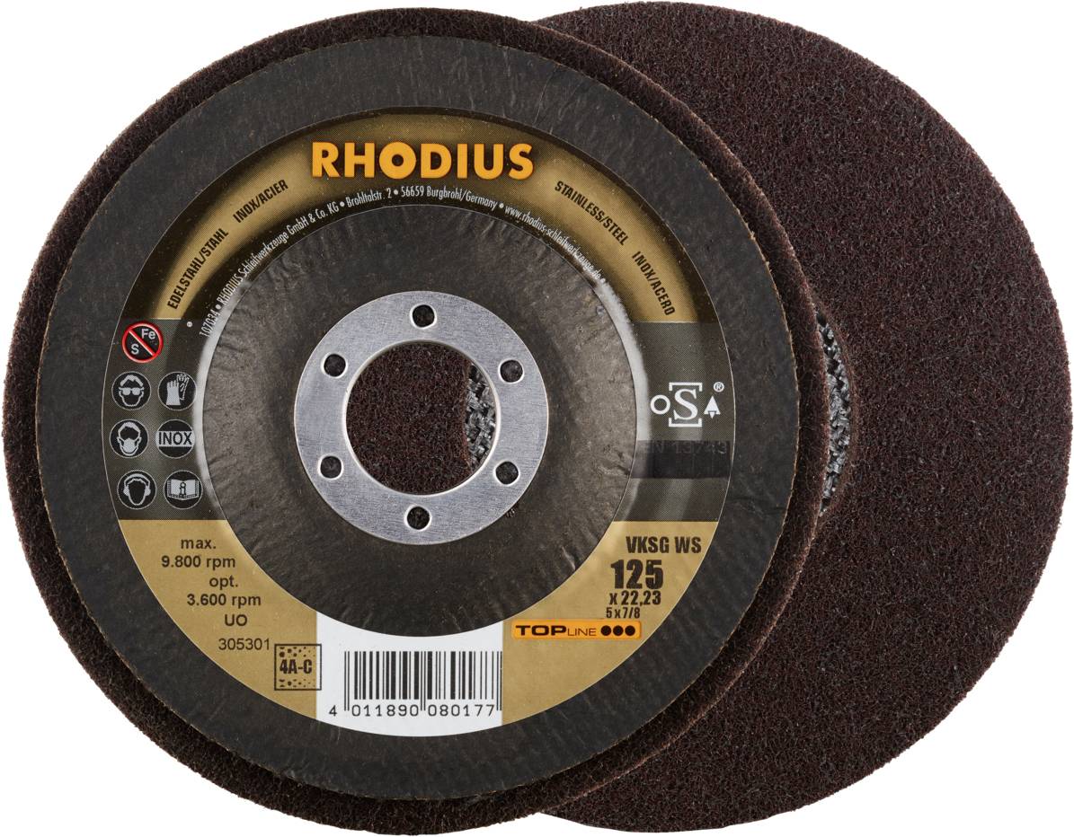 Ensemble de disques abrasifs, marque Rhodius, diamètre 125 mm, adapté jusqu'à 9 800 tr/min. Comprend des certificats de sécurité et des détails techniques.