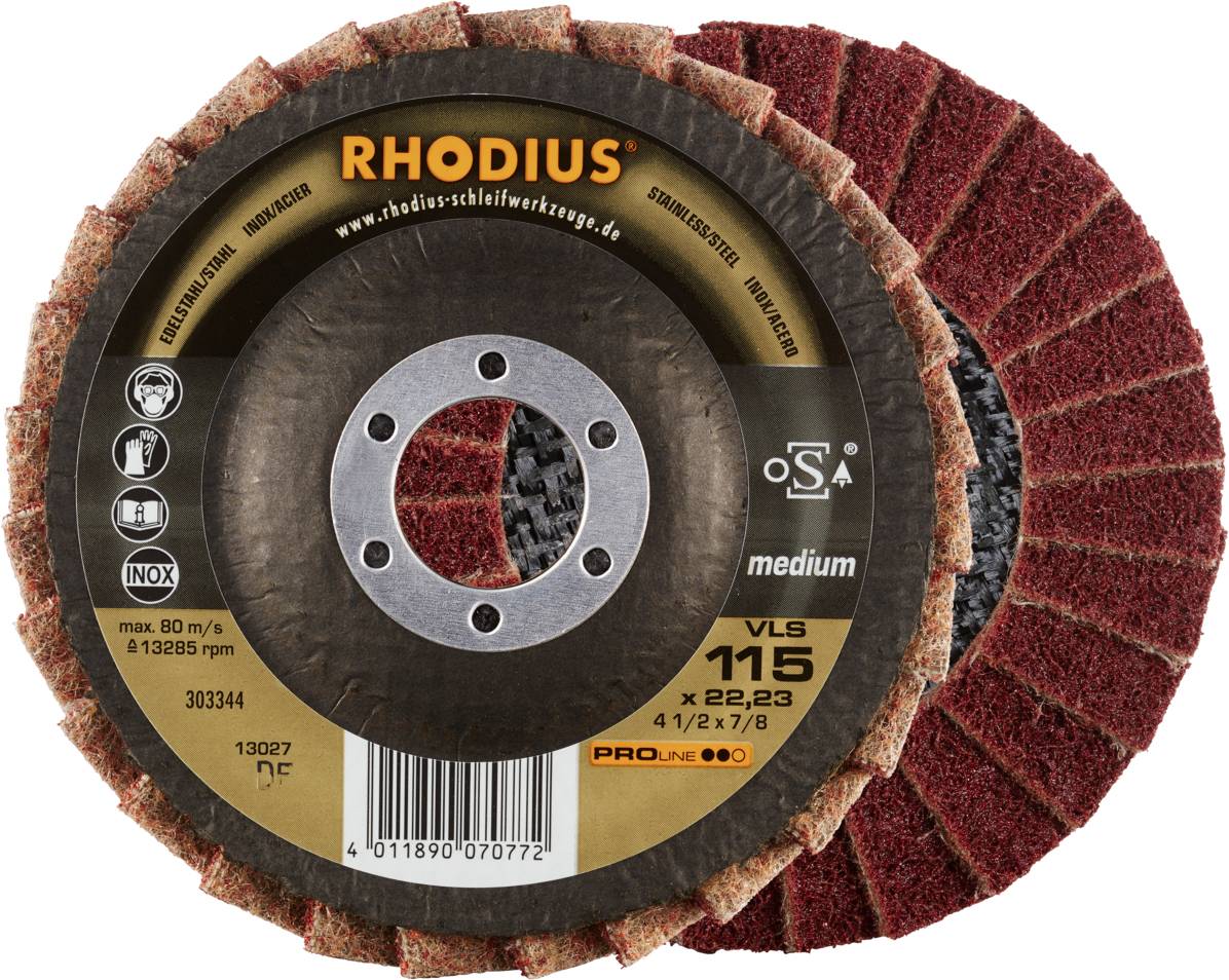 'Disque à tronçonner RHODIUS VLS 115 x 22,23 mm' en gros plan. Adapté pour l'usinage de l'acier inoxydable, vitesse de rotation maximale de 13 285 tr/min.