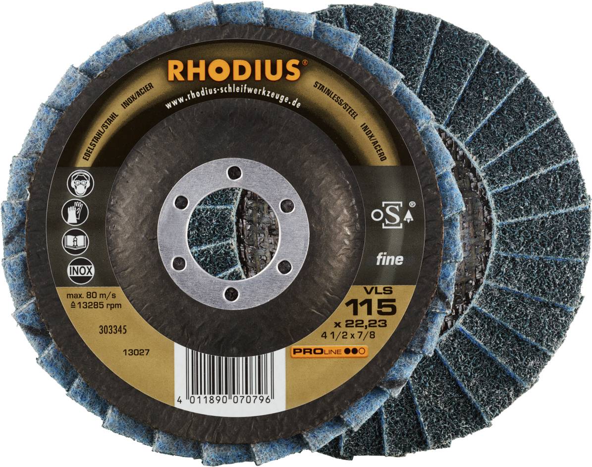Disque à lamelles abrasives : diamètre de 115 mm, pour acier inoxydable, vitesse max. 80 m/s, grain fin, marque 'Rhodius'.