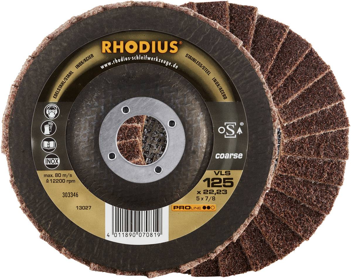 Un disque abrasif grossier de Rhodius de 125 mm de diamètre, adapté pour l'usinage de l'acier inoxydable, jusqu'à 12 200 tr/min.
