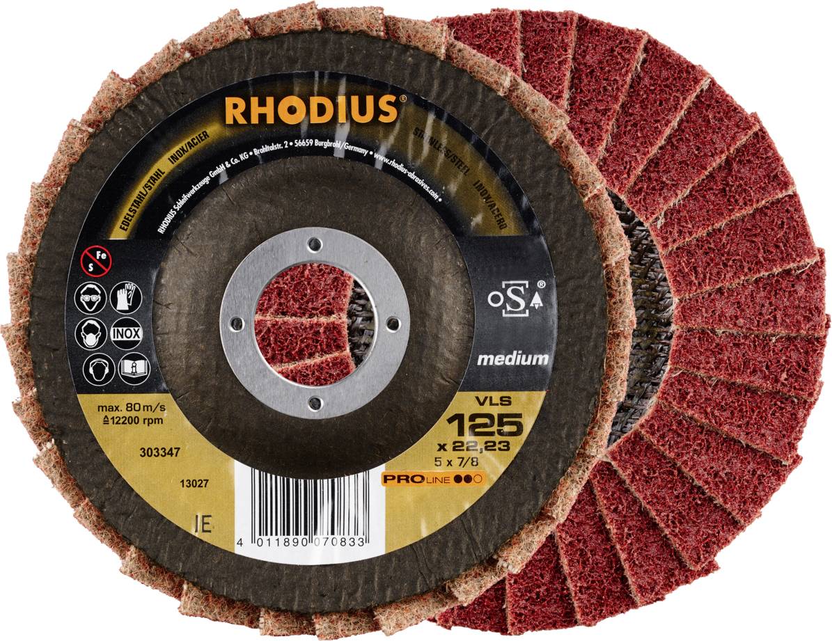 Disques abrasifs 'RHODIUS VLS 125' en rouge-brun, avec des indications sur la taille, la vitesse et l'application sur l'étiquette.