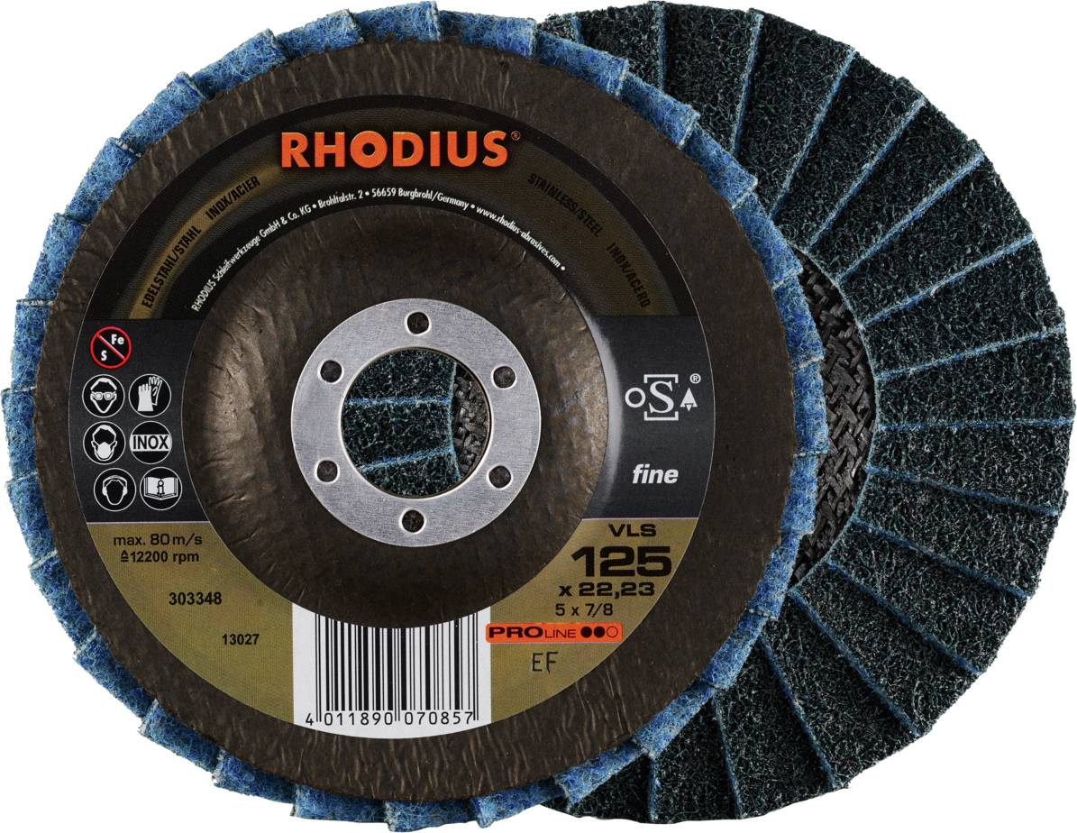 Disque à ébarber RHODIUS VLS 125 mm, alésage de 22,23 mm, pour usinage des métaux ; vitesse max. 80 m/s et 12 200 tr/min ; grain fin.
