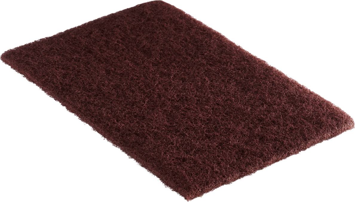 Tampon de nettoyage rectangulaire, rouge foncé, à surface structurée, souvent utilisé pour des travaux de nettoyage ou de polissage.
