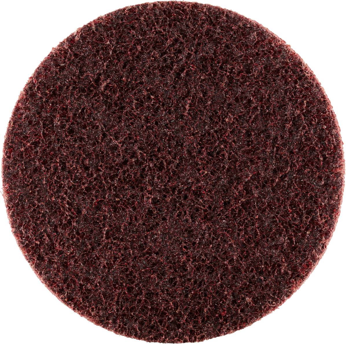 Un tampon de ponçage rond rouge foncé, à texture grossière et fibreuse, adapté au nettoyage ou au ponçage de surfaces.