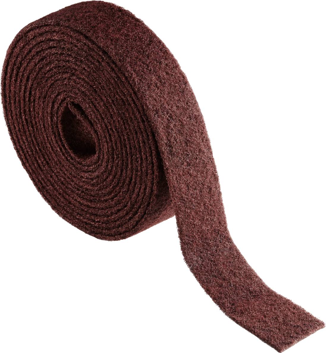 Rouleau en non-tissé abrasif rouge, enroulé et partiellement déroulé, adapté au ponçage de surfaces dans les travaux artisanaux.