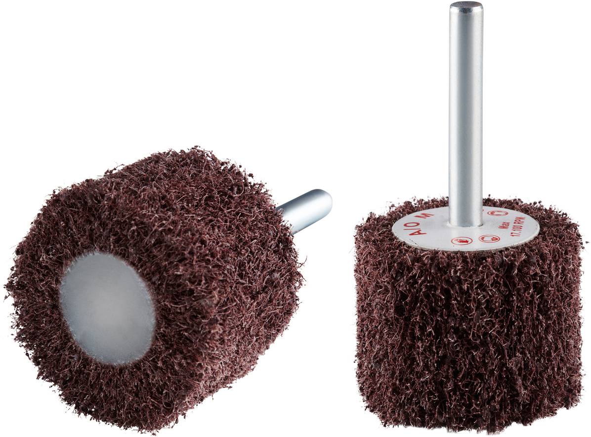Deux outils de meulage brun-rouge de forme cylindrique avec un manche en métal, utilisés pour le traitement de surface.