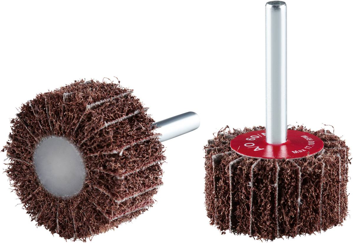 Deux meules abrasives à têtes rondes en matériau abrasif brun et tige en argent. Utilisées pour le traitement de surface.