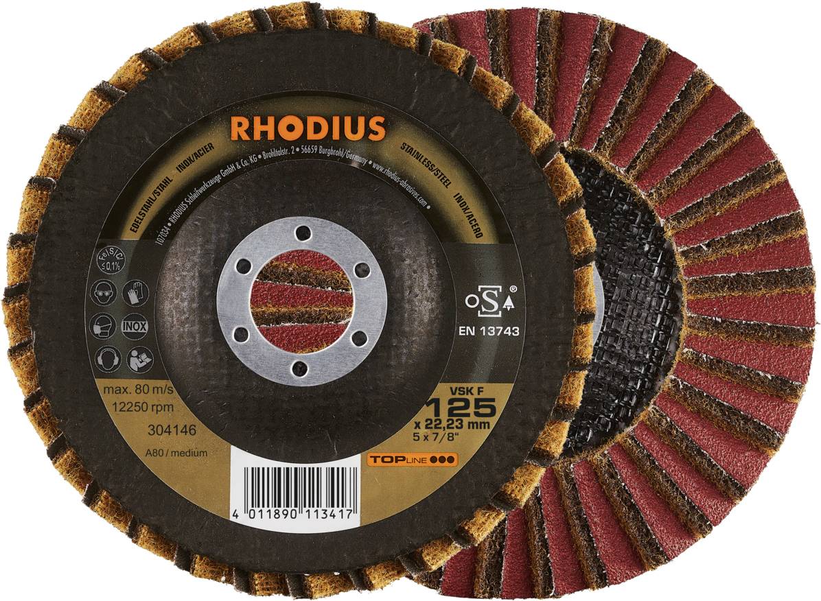 'RHODIUS' Disque abrasif, diamètre de 125 mm, pour surfaces métalliques. Deux disques abrasifs avec étiquettes sont visibles.