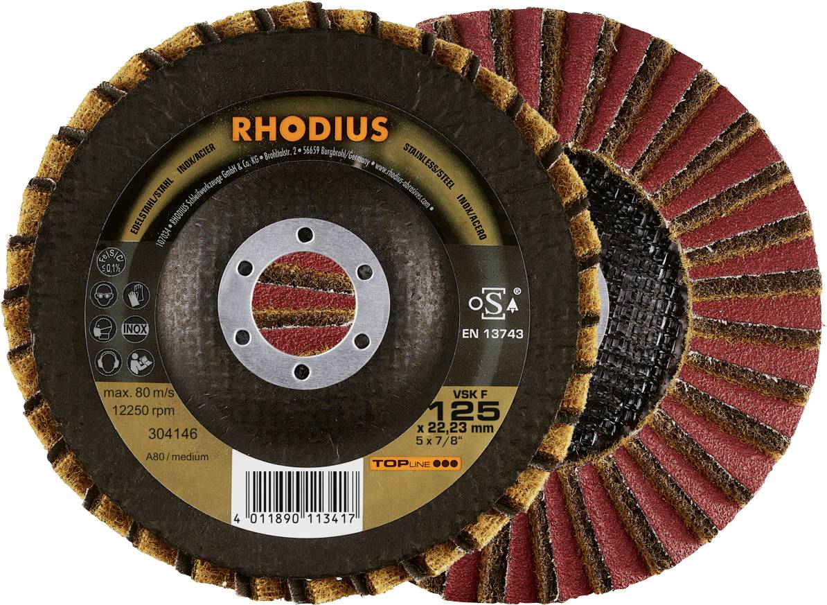 Disque abrasif 'RHODIUS' de 125 mm de diamètre, adapté pour une vitesse maximale de 12 250 tr/min, type VSK F, pour le meulage des surfaces métalliques.