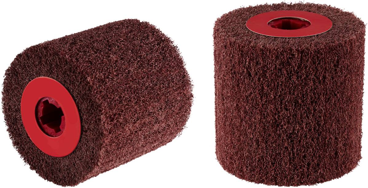 Rouleaux de meulage cylindriques avec un centre rouge et un matériau abrasif marron. Adaptés pour le traitement de surface et le polissage.