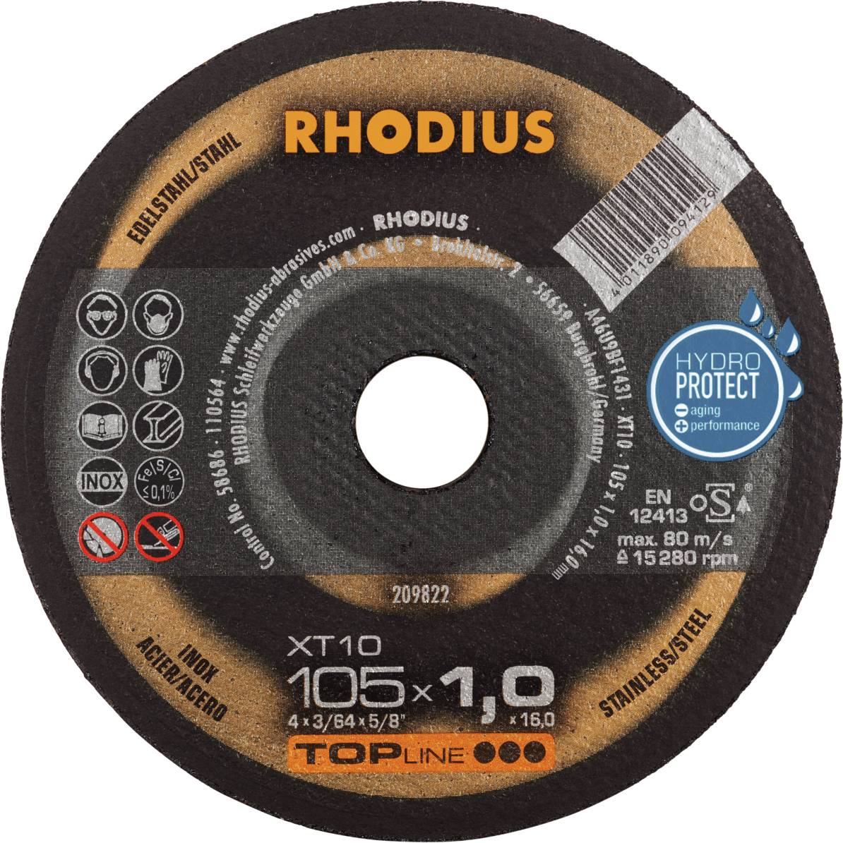 Disque à tronçonner RHODIUS, adapté pour l'acier inoxydable. Diamètre 105 x 1,0 x 16 mm, vitesse de rotation maximale 15 280 tr/min.