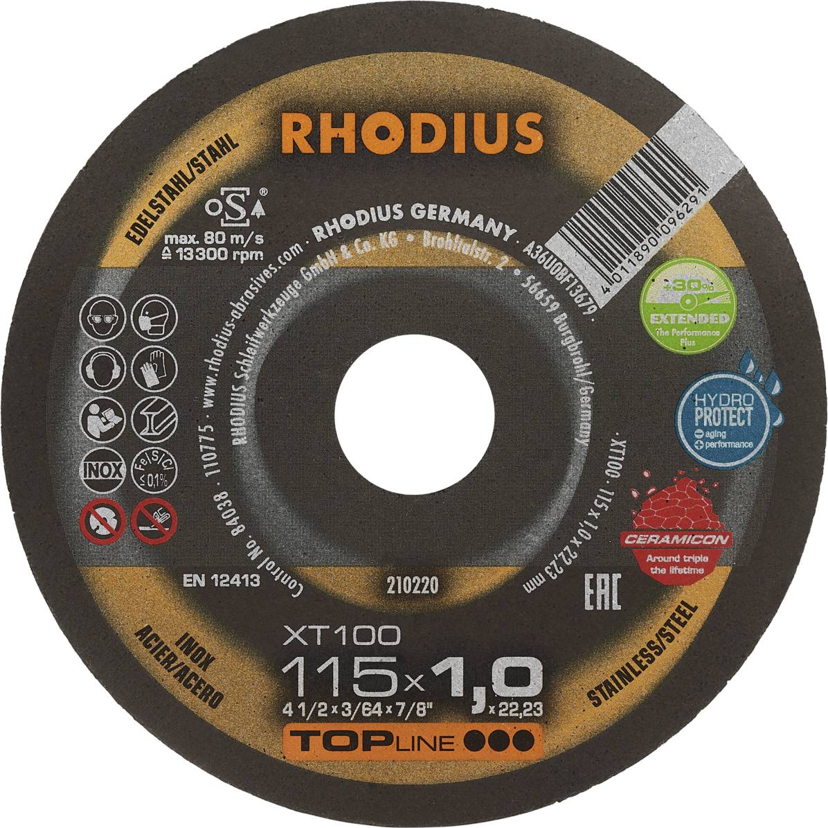 Une meule Rhodius pour acier inoxydable, diamètre 115 mm, épaisseur 1 mm, 13 300 tr/min. Contient des symboles et des spécifications.