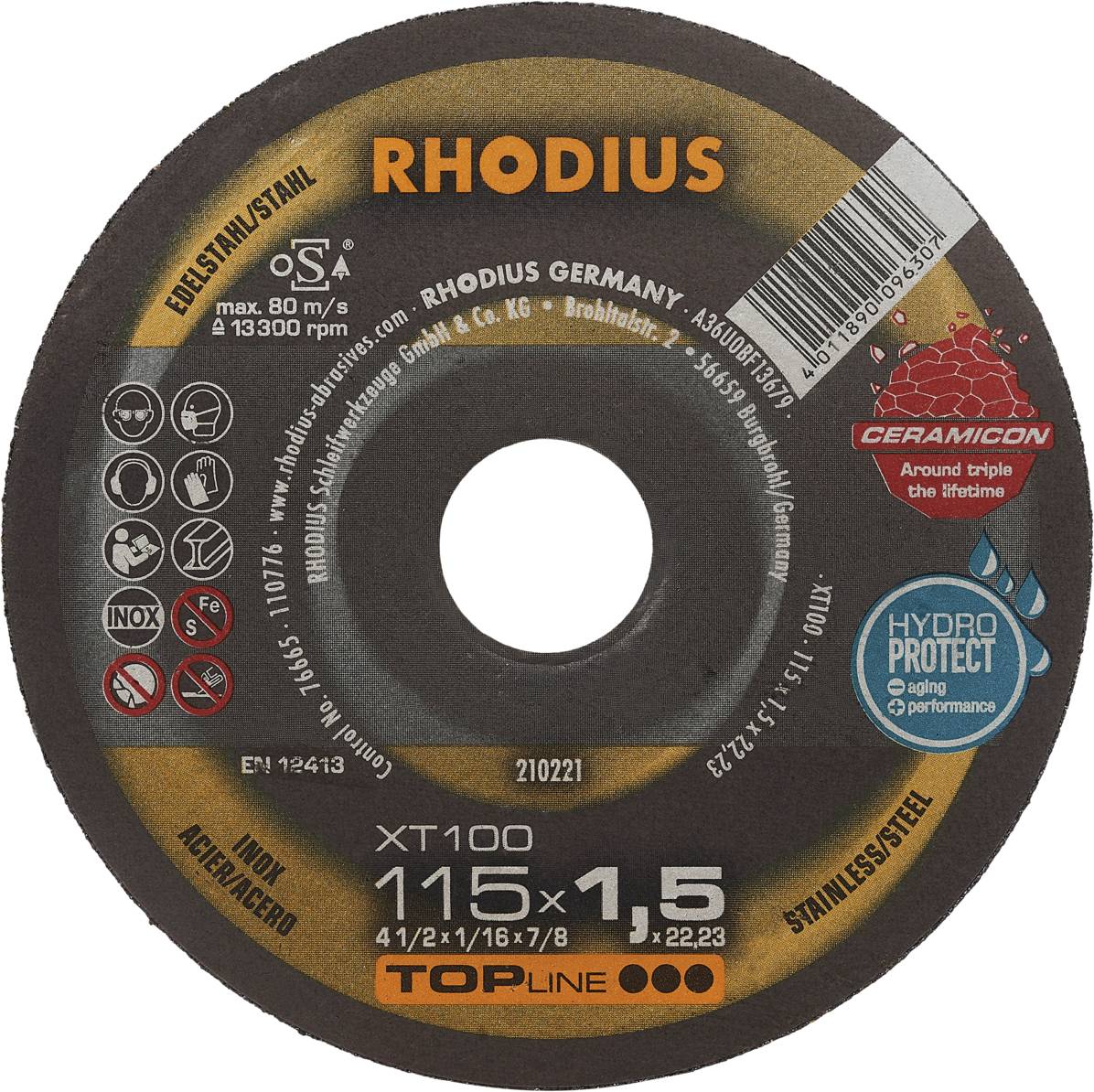 Disque à tronçonner avec inscription 'RHODIUS', diamètre 115 mm, épaisseur 1,5 mm, adapté pour l'acier inoxydable, informations sur la vitesse de rotation et le fabricant.