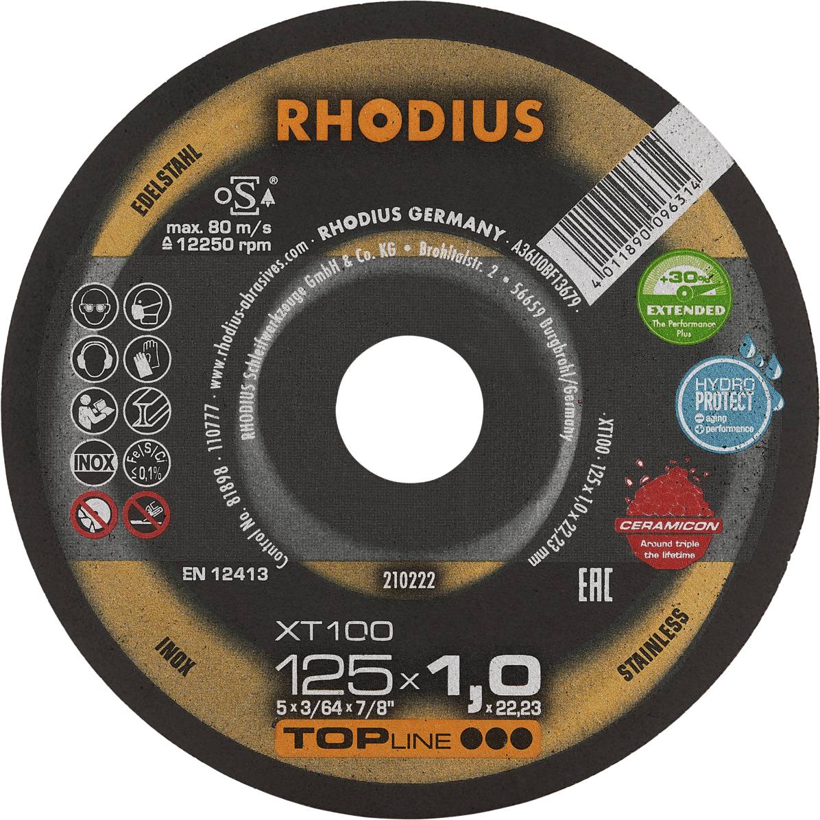 Disque à tronçonner Rhodius pour usinage des métaux, diamètre 125 mm, épaisseur 1,0 mm, adapté pour l'acier inoxydable, vitesse de rotation maximale 80 m/s.
