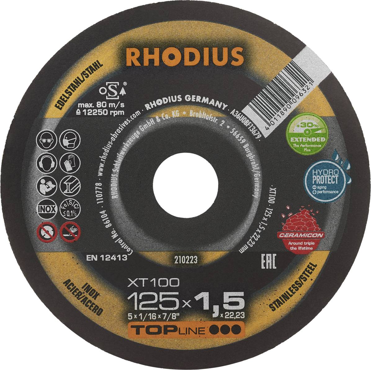 Disque à tronçonner 'RHODIUS XT100', diamètre 125 mm, épaisseur 1,5 mm, adapté à l'acier inoxydable, vitesse maximale 80 m/s, alésage 22,23 mm.