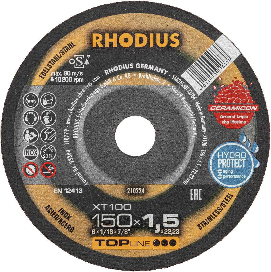 Disque à tronçonner RHODIUS, diamètre 150 mm, épaisseur 1,5 mm, adapté pour l'acier inoxydable. Logos d'information de marque sur la surface supérieure.