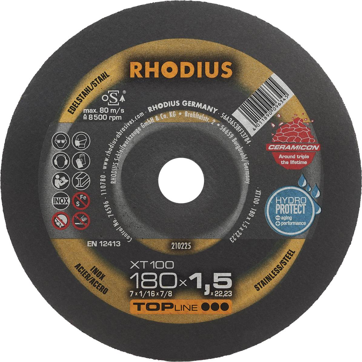 Disque à tronçonner 'RHODIUS' pour acier inoxydable, vitesse maximale 13 300 tr/min, diamètre 180 mm, épaisseur 1,5 mm, certifié EN 12413.
