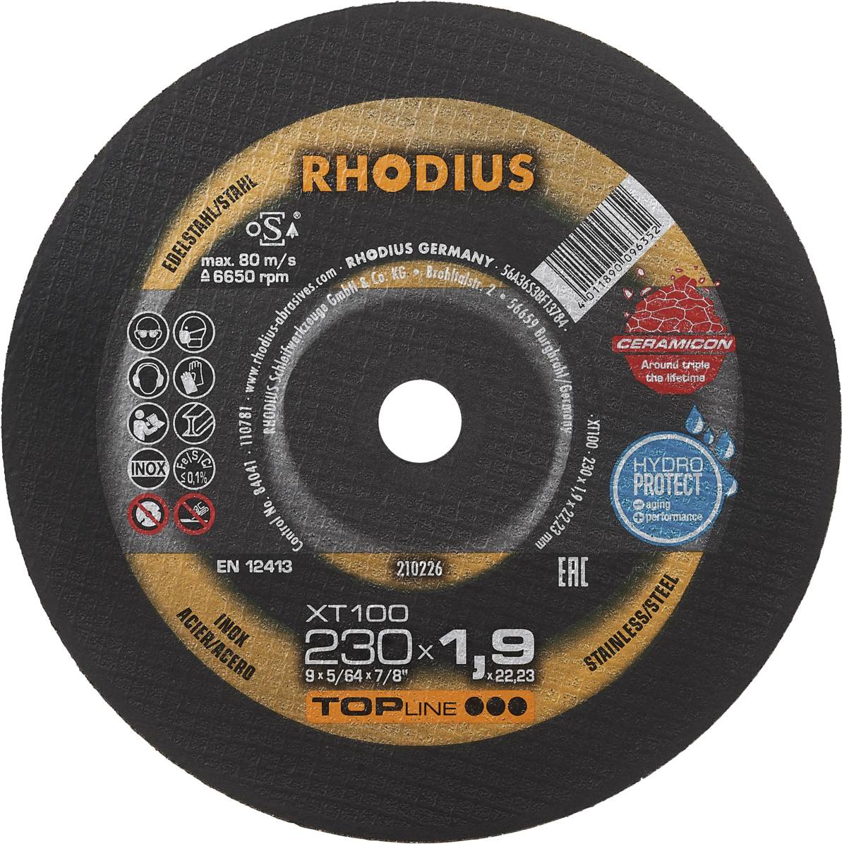 Disque à tronçonner Rhodius XT100, diamètre 230 mm, épaisseur 1,9 mm, adapté pour l'acier inoxydable, vitesse maximale 80 m/s, 6650 tr/min.