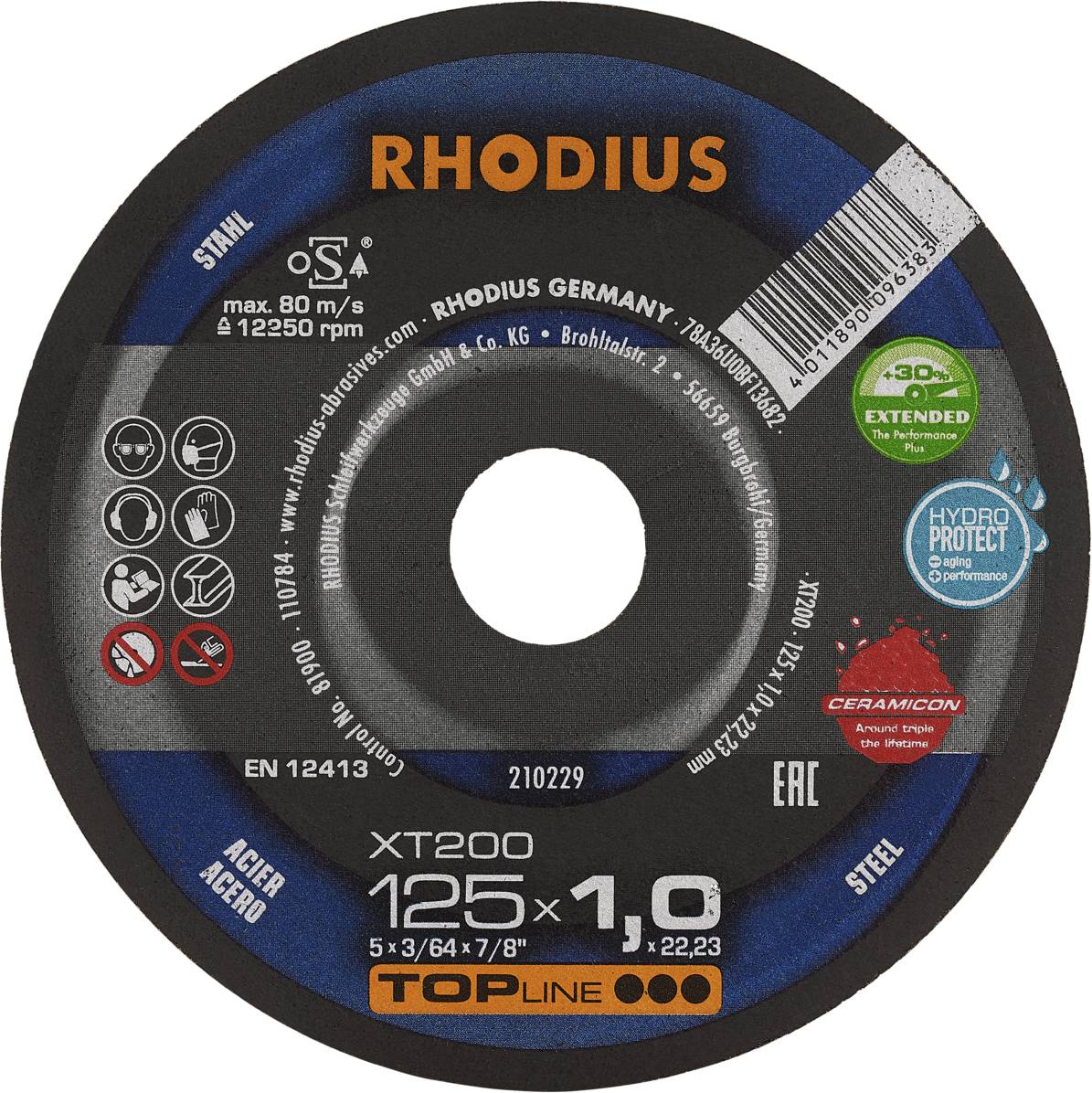 Disque de meulage 'RHODIUS XT200', diamètre de 125 mm, épaisseur de 1 mm, adapté pour l'acier, avec informations de sécurité et certificats.