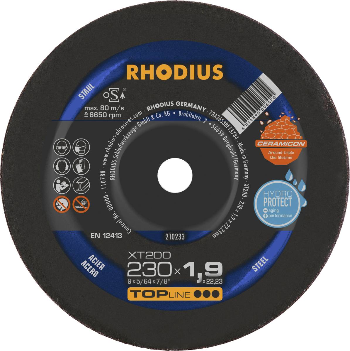 Disque à tronçonner noir, marque Rhodius, diamètre 230 mm, épaisseur 1,9 mm, adapté pour l'acier, avec technologie HydroProtect et Ceramicon.