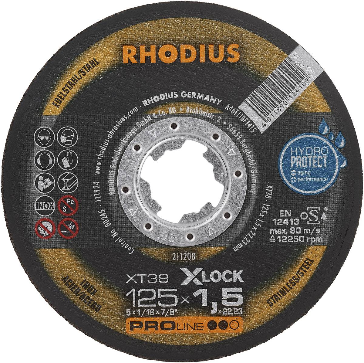 Disque à tronçonner Rhodius, modèle XT38 X-Lock, 125 x 1,5 mm, pour acier inoxydable. Contient des informations de sécurité et de performance.