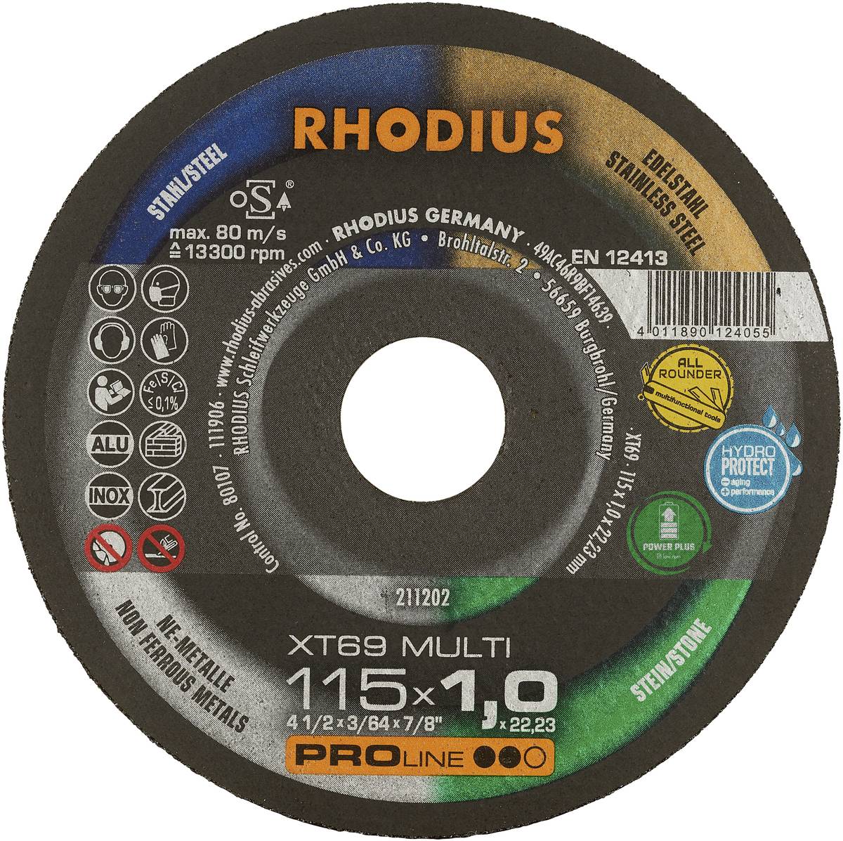 Disque à tronçonner 'RHODIUS', diamètre 115 mm, adapté pour l'acier inoxydable et l'acier, vitesse maximale 13 300 tr/min, avec consignes de sécurité et d'utilisation.