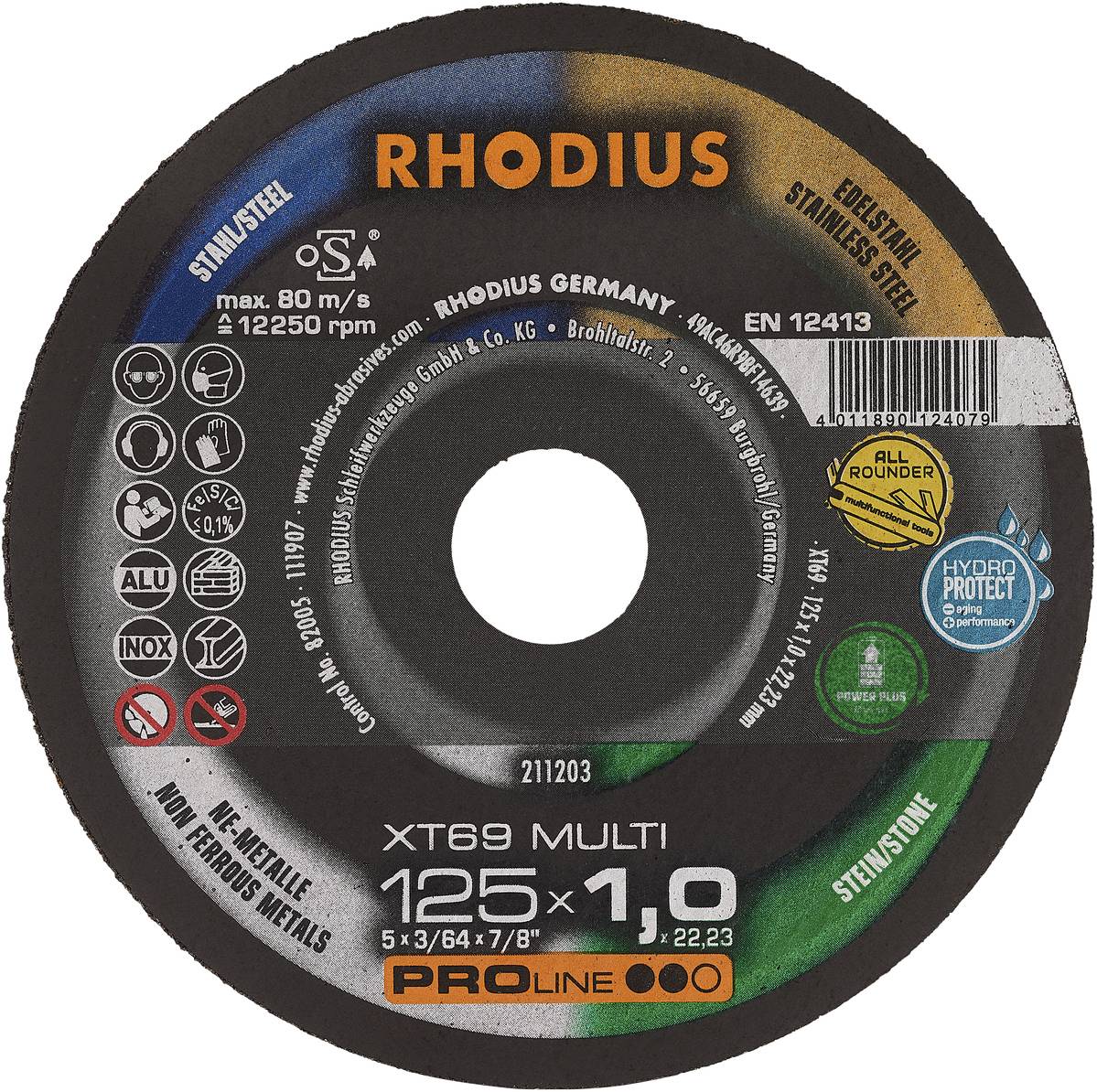Disque à tronçonner 'RHODIUS XT69 Multiedge', 125 x 1,0 mm, adapté pour l'acier, l'acier inoxydable et les métaux non ferreux, vitesse max. 80 m/s, EN 12413.