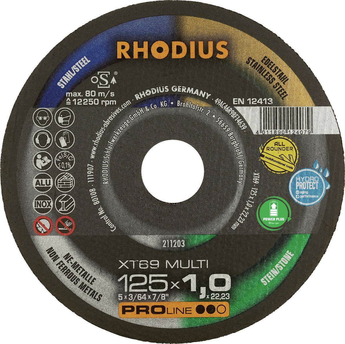 Disque à tronçonner 'RHODIUS' pour acier et acier inoxydable, 125 x 1,0 mm, Vitesse max 80 m/s, avec protection Hydrotec, adapté aux machines portatives.